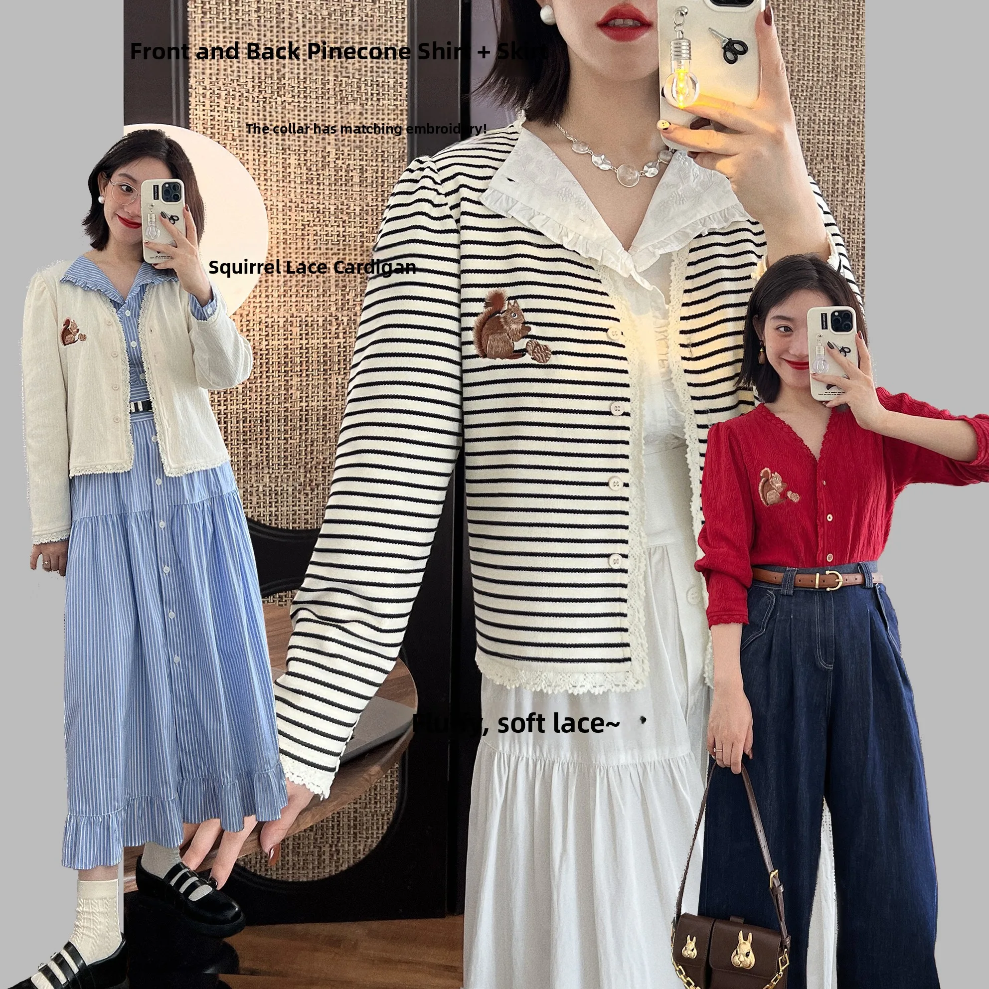 

Мягкий вязаный кардиган в клетку с вышитой белкой и рюшами, хлопковое длинное пальто Sve V-Ne ort для женщин, осень 2024 г.