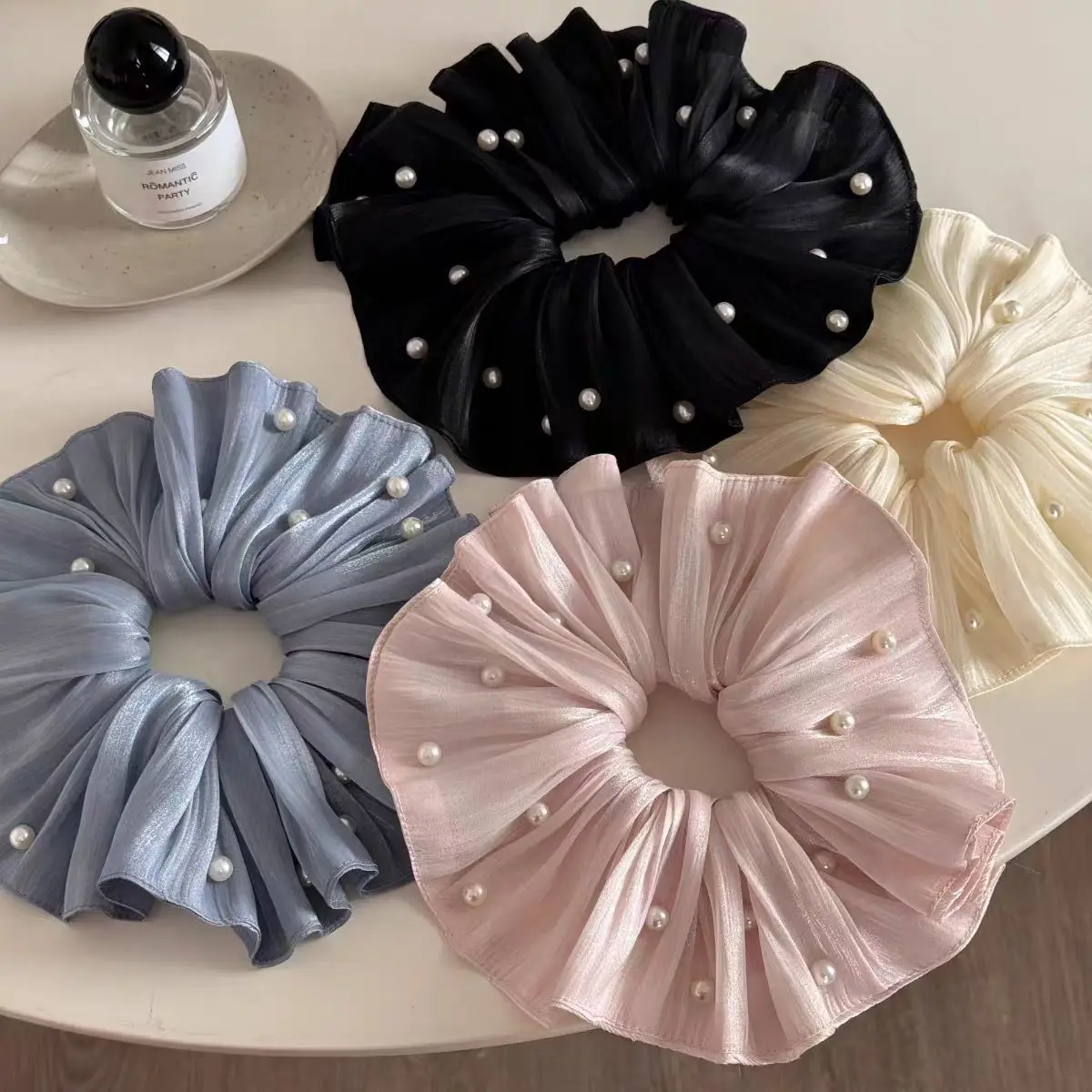 الراقية سوبر الجنية تقليد اللؤلؤ شبكة عقال مع مطوي الملمس الأزهار الشعر حبل ذيل حصان التبعي #6