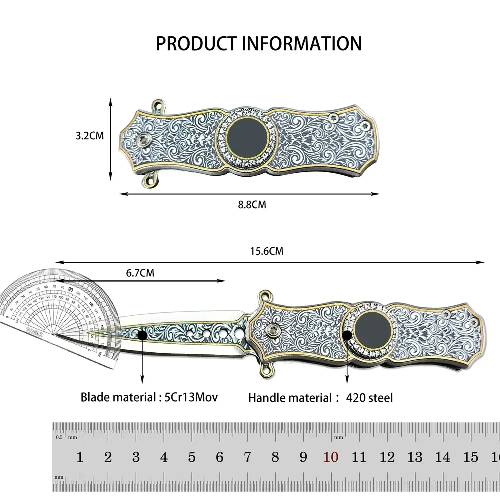 Folding Knife Auxiliary Quick Open 5Cr13Mov Blade Art Pattern 420 Steel Handle Outdoor Knife Tactical Multi Tool Spiral Toys