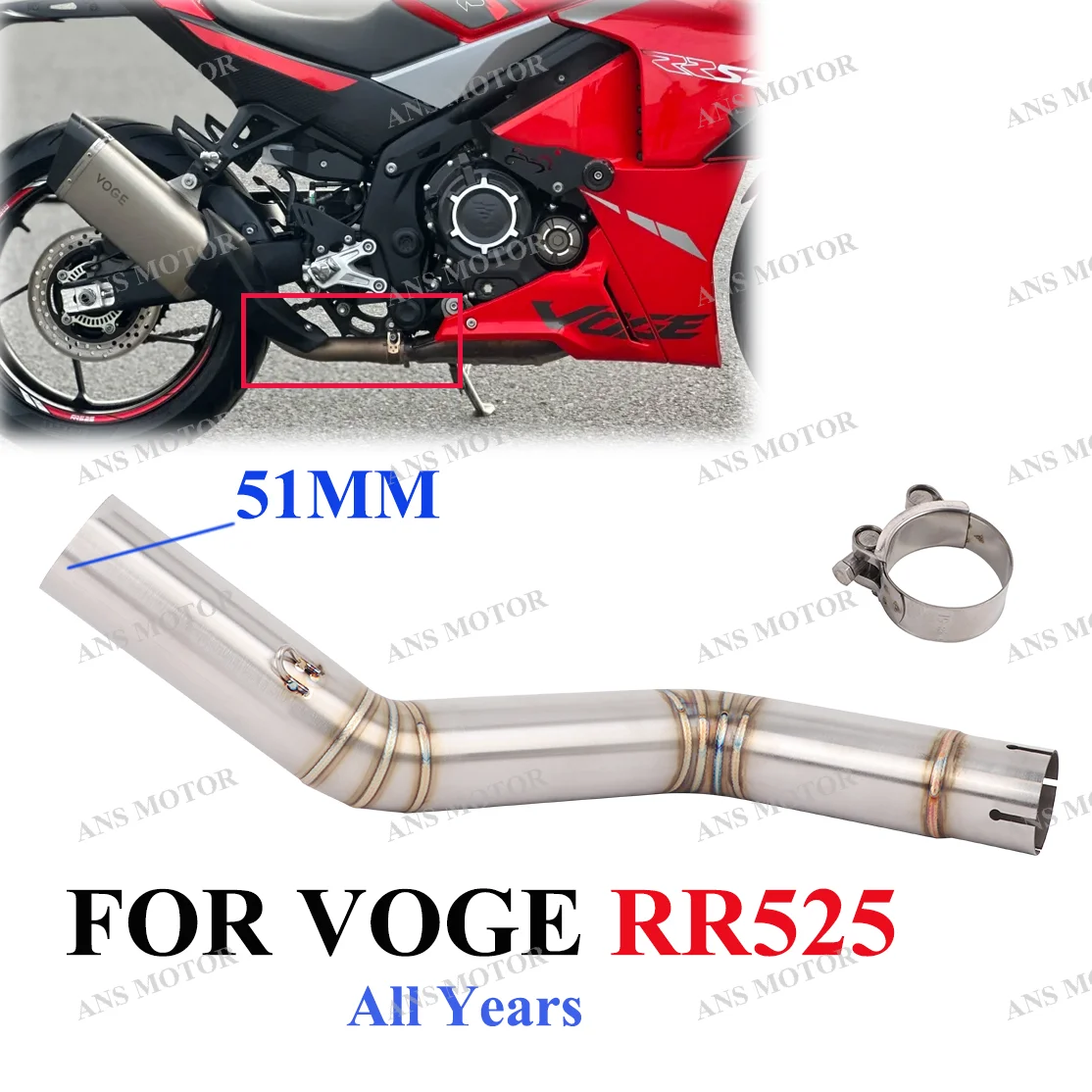 

Escape для VOGE RR525 525RR ВСЕ ГОДЫ, выхлопная труба мотоцикла, среднее звено, надеваемая труба 51 мм, выхлопная труба из нержавеющей стали RR525