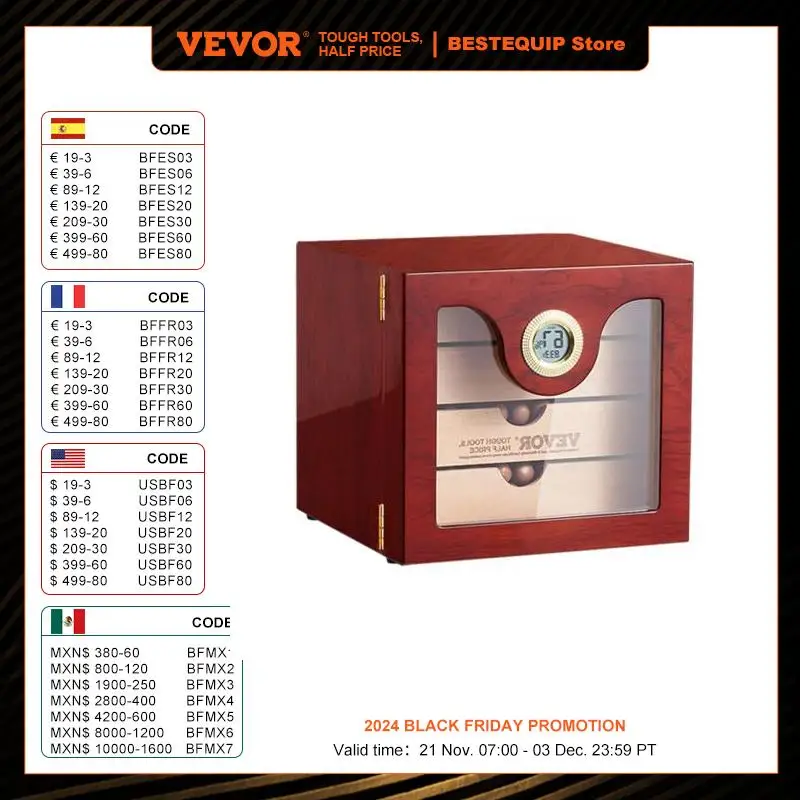 VEVOR Cigar Humidor Cabinet Handmade Spanish Cedar Wood for 50-100 Cigars Glass Cigar Desktop Storage Case Great Gift for Men