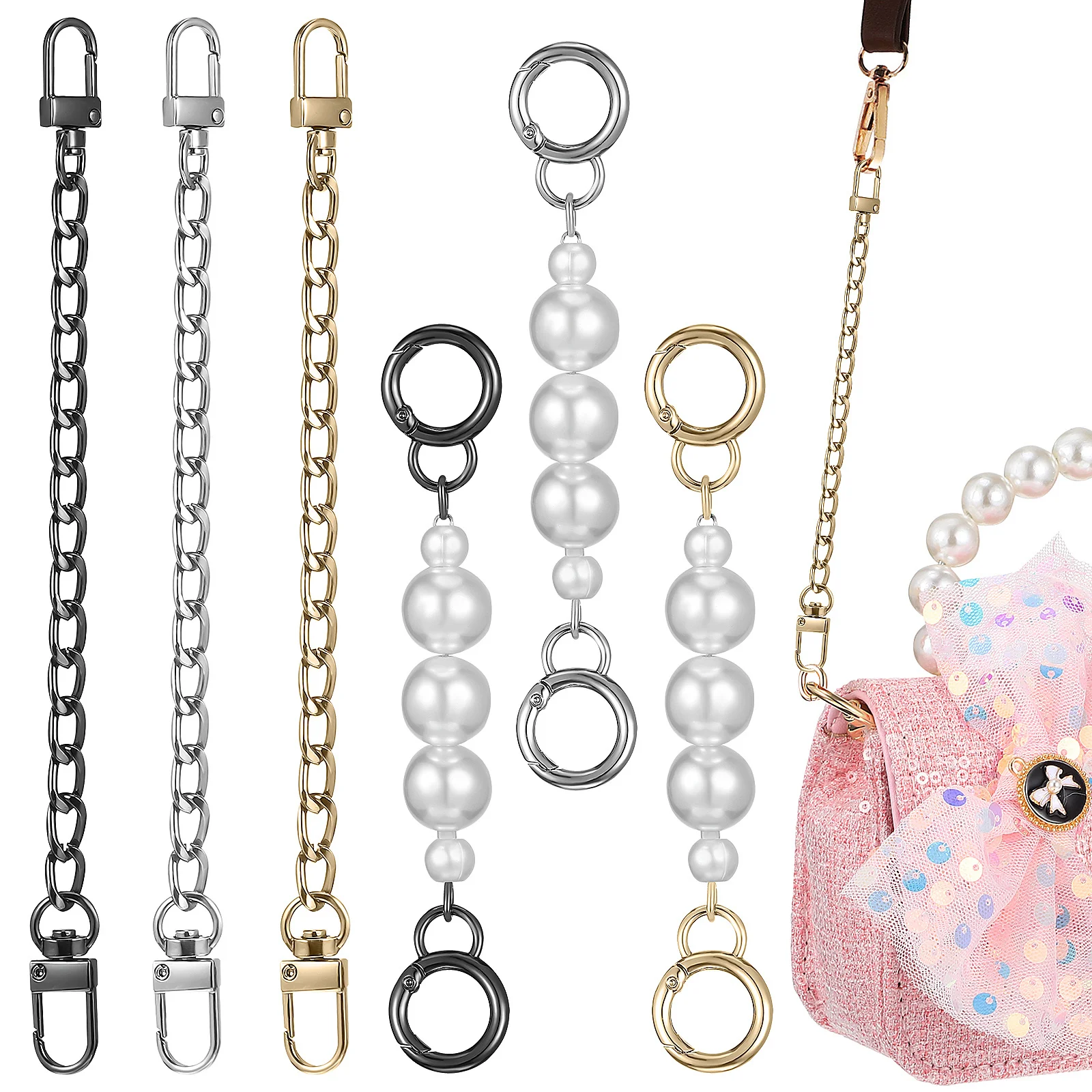 

6Pcs Pearl Purse Chains Clasp Closure Beaded Chain for Handbag Replacement Women Stylish Bag Accessory Fashion