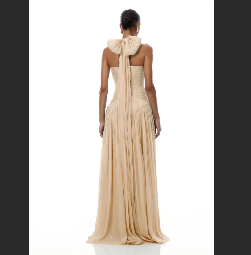 Eightale Arabic Evening Dress Halter Crepe Customized Muslim Floor Length Champagne A-Line Prom Wedding Party Gown view 4