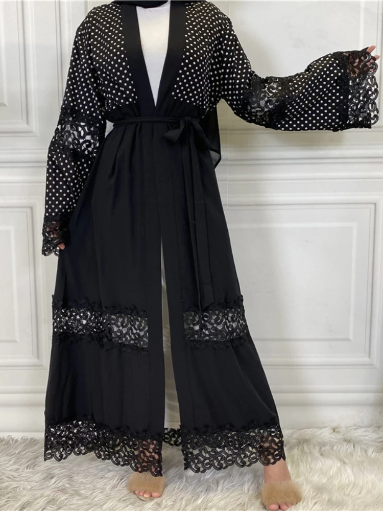 Eid Muslim Abayas for Women Cardigan Kimono Lace Polka Dot Party Abaya Morocco Caftan Ramadan Islam Dubai Arab Long Robe 2024