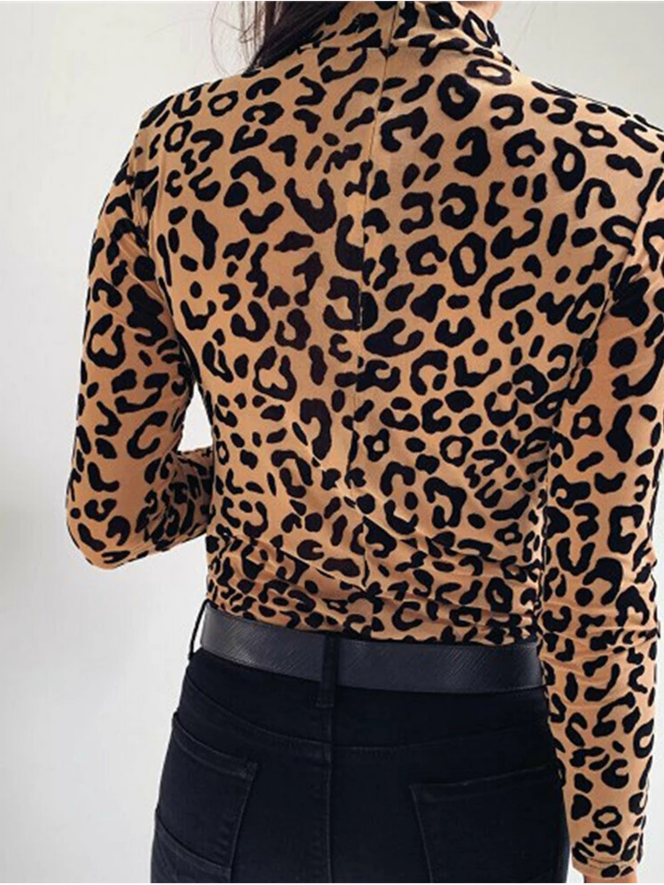 Women Blouses Fashion Leopard Print Turtle Neck Blouse Autumn Long Sleeve Shirts Party Ladies Clothes Womens Blouses And Tops