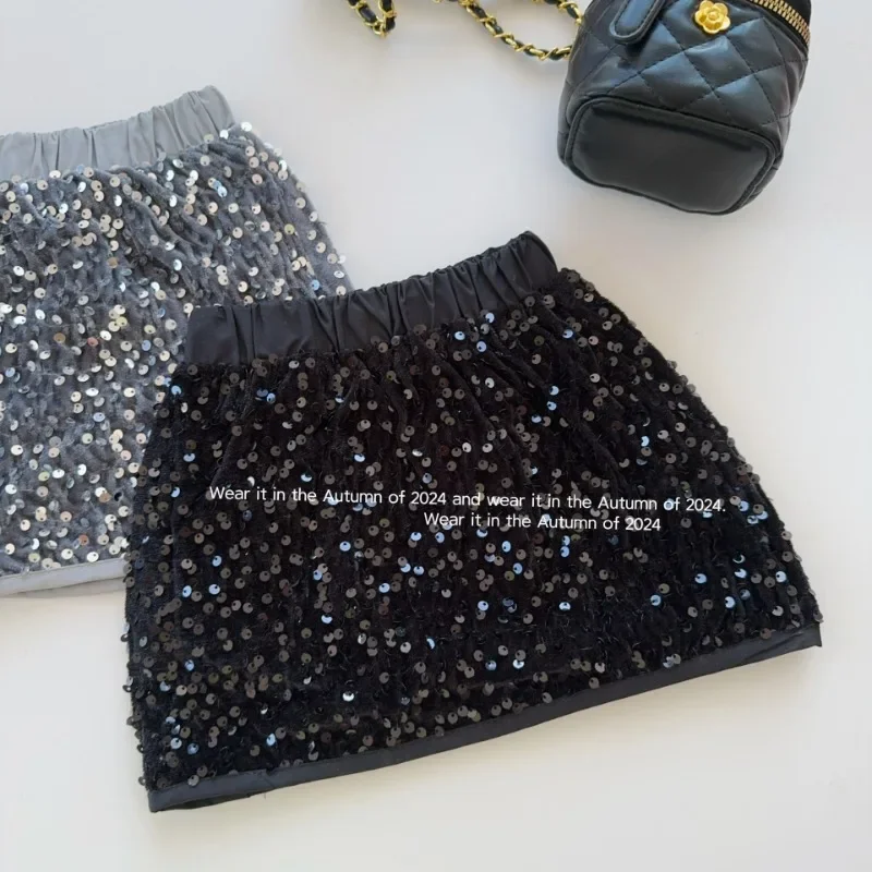 fashion Kids Girls Skirts Kawaii Princess Silver and Black Sequin Skirt Toddler Christmas Birthday Party Skirt Mini High quality