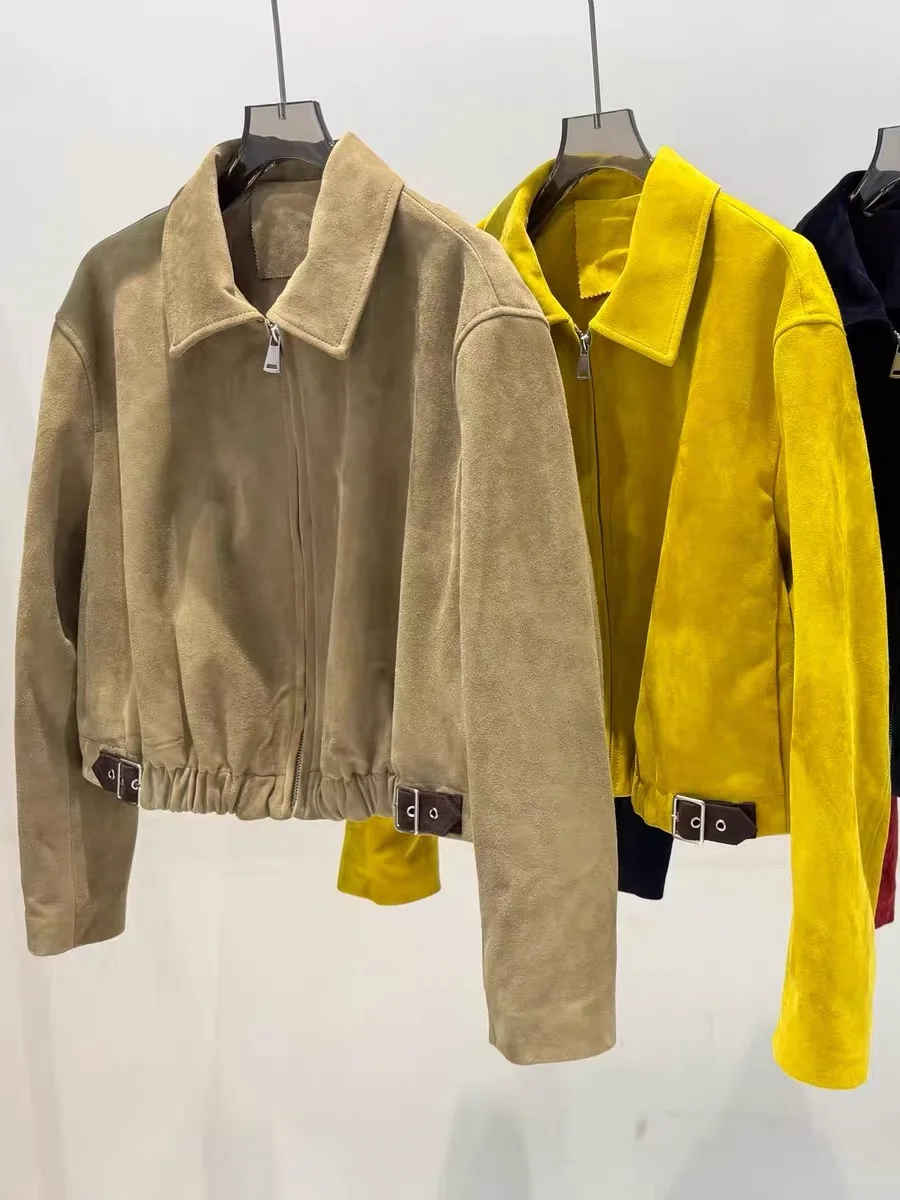 Retro Suede Leather Jacket for Women Trendy Silhouette Short Coat Streetwear Chill Casaco Feminino lapel Suit Jacket