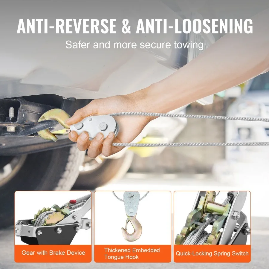 تعال على طول ونش 2 طن 4 409 رطل سعة السحب 12 قدم كابل فولاذي 2 خطاف أداة سحب قوة السقاطة الثقيلة مع ترس مزدوج