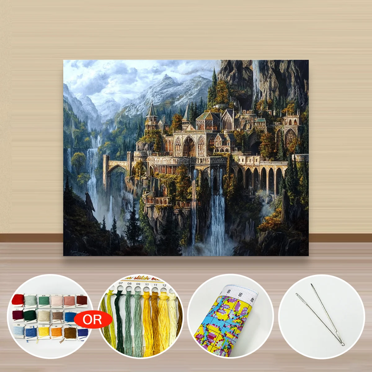 1 Stück 40x50cm/15,7x19,69 Zoll, 11Ct/14Ct Kreuzstich-Set, DIY Valentinstagsgeschenk, Stickerei-Set für Festivals, Wasserfall-Elfenburg – Detail 3