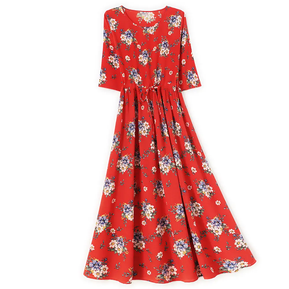 Women's Casual Summer New 100% Natural Mulberry Silk Crepe De Chine Large Swing Round Neck Drawstring Red Print Beach Dress