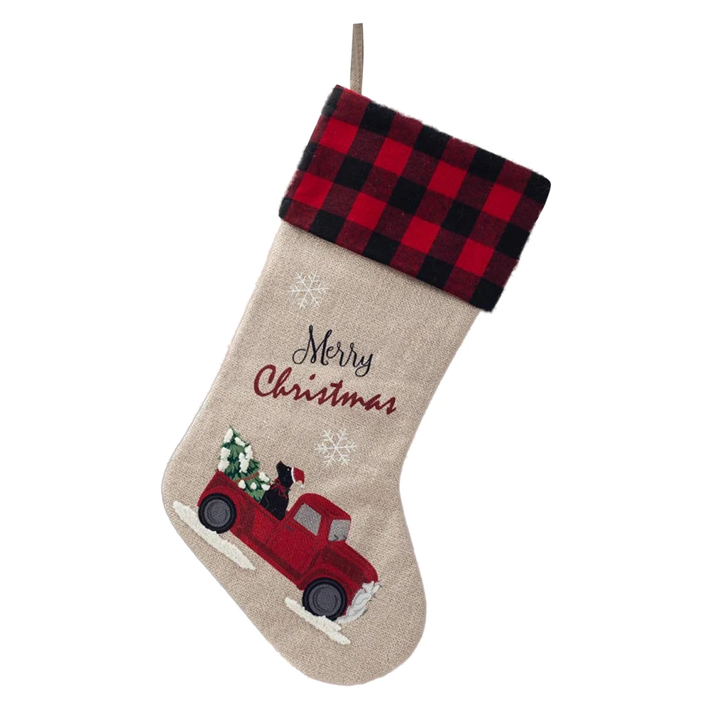 Burlap Christmas Stockings 18 Inch Embroidered Linen with Red and Black Buffalo Plaid Cuff for Gift Holders Holiday Decorations