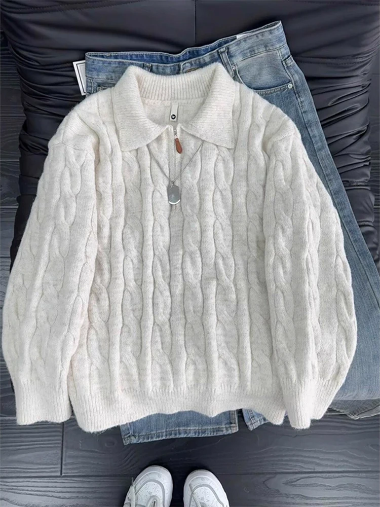 

Мужской вязаный свитер свободного кроя с воротником на молнии, осенне-зимний, повседневный, с длинным рукавом, мягкий, удобный, модный, с высоким воротом