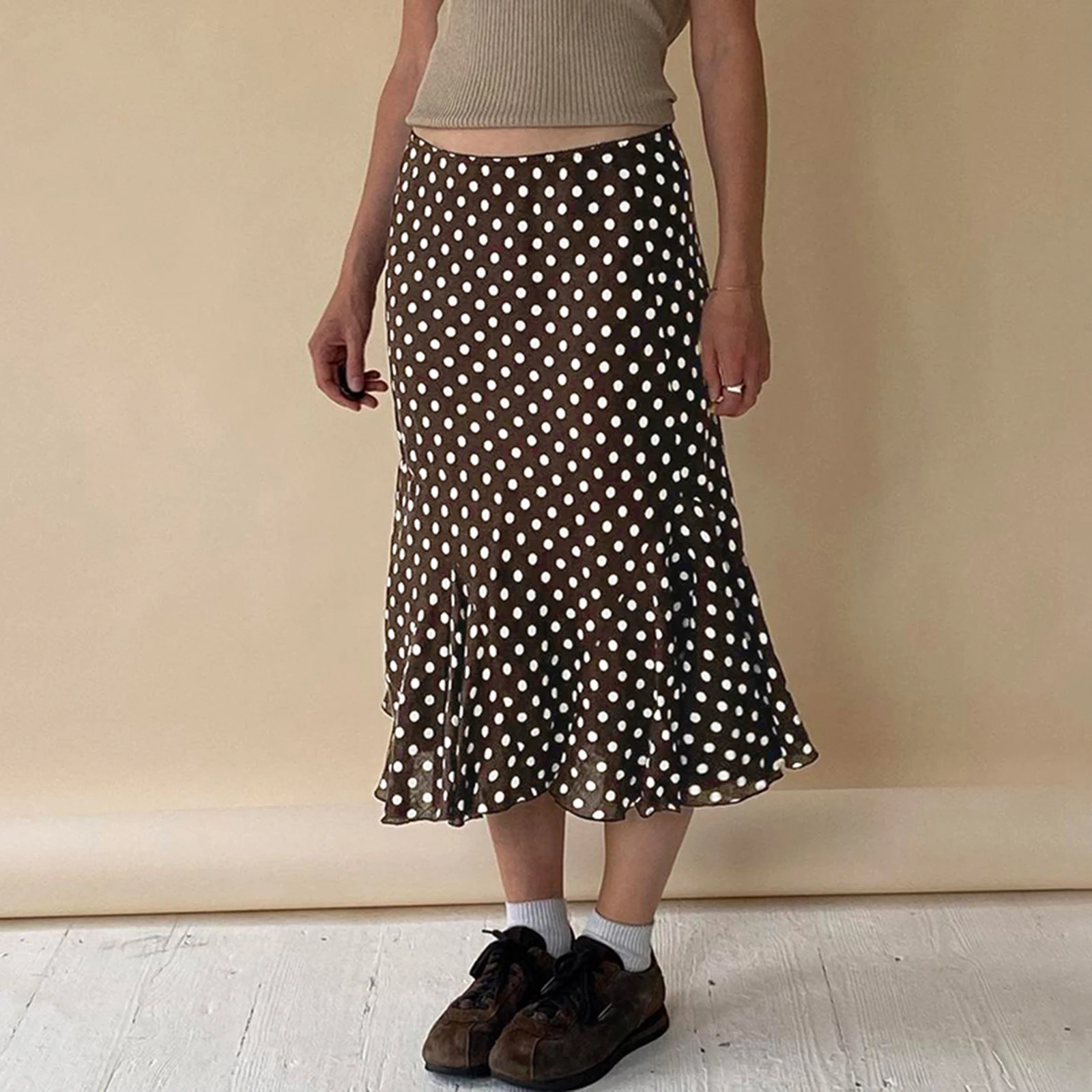 New Fashion Women Summer Dot Print Skirts Casual Elegant Mid Rise Ruffled Hem Midi Skirt For Beach Vacation Streetwear S M L