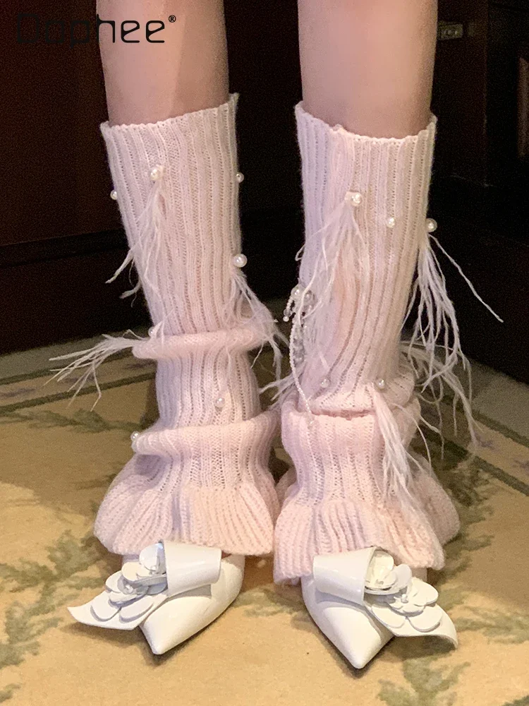 

Sweet Girl Pearl Feather Leg Warmers Warm Lolita Knitted Socks Foot Covers Long Socks Girls Japanese Style Pink White Black