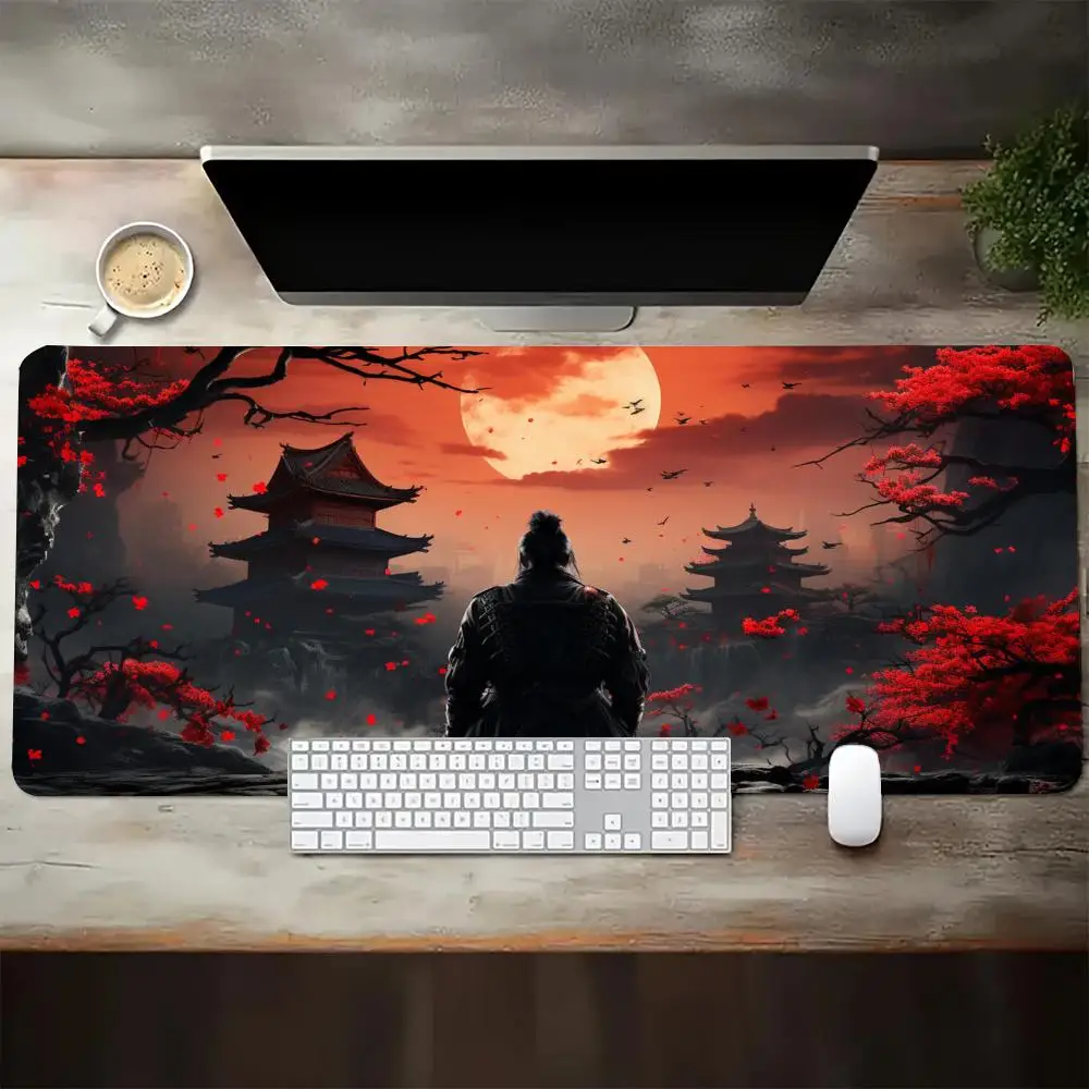 Large Size Mousepad Anime Lone Samurai Under Red Sunset Ancient Pavilion Forest Print Playmat For Laptop  Learning Table Mat