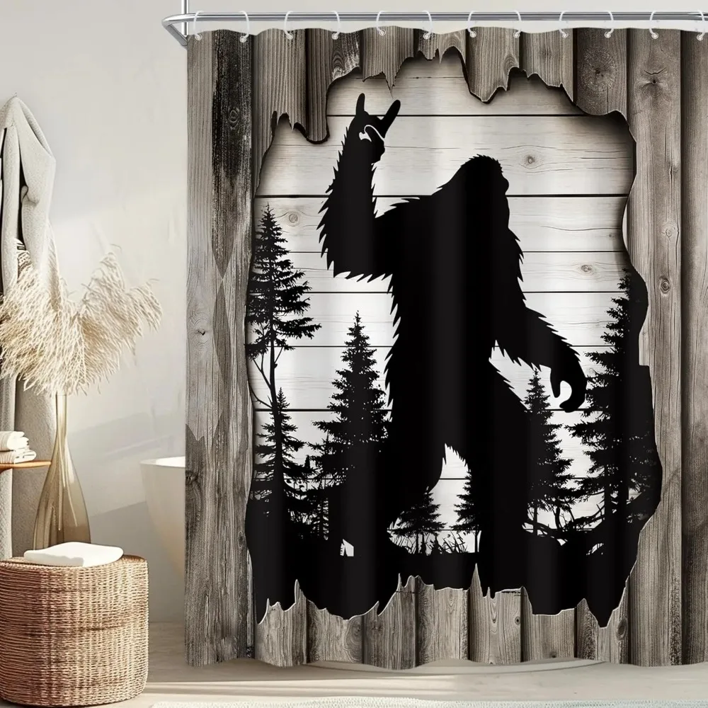 

Funny Monkey Wooden Mountain Printed Shower Curtain Rainforest Wild Animal for Bathroom Decor