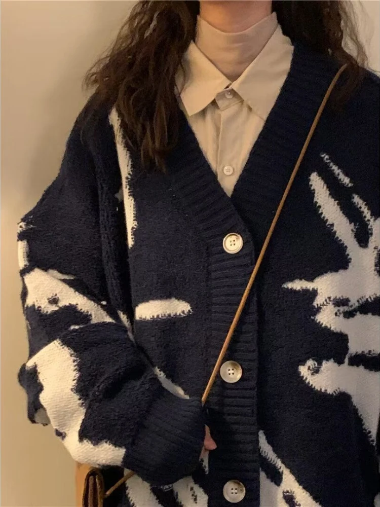 

American Vintage Cardigan Jacquard Contrast Color V Neck Single Breasted Sweaters Autumn Winter Lazy Style Women's Clothing 2025