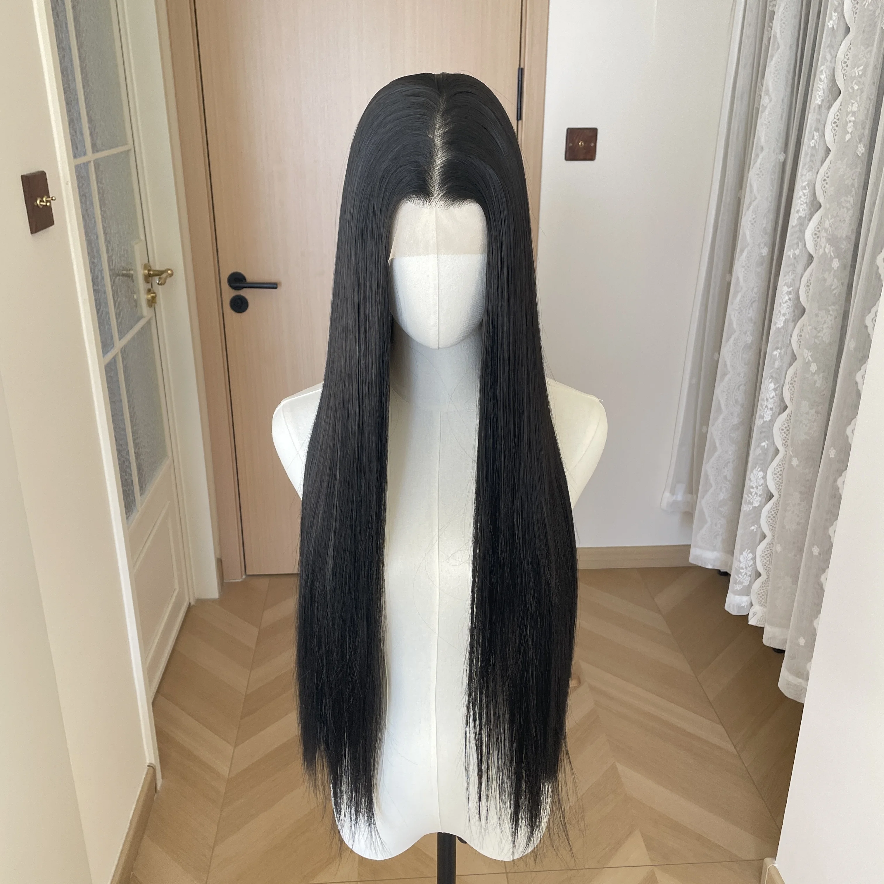 ジェットブラック-26-インチ-ロング-ストレート-合成ウィッグ-黒人女性用-13x6-レースフロント-グルーレスウィッグ-150-ナチュラルヘアライン-耐熱性