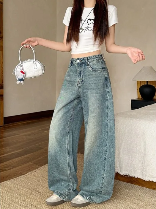 

High Waist Straight Leg Jeans plus Size Women's Spring Summer New Sle American Retro Distred Knife Wide Leg Pants
