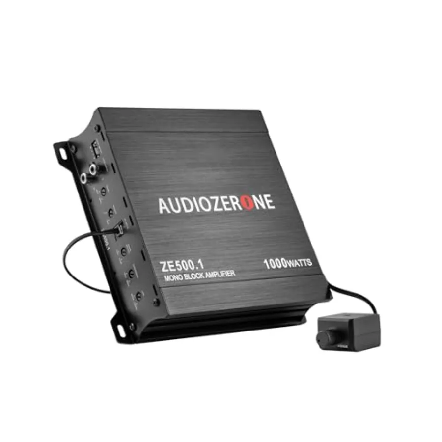 

Car audio amplifier ZE500.1 for subwoofer applications, aluminum black housing, 1000W Class D MOSFET power with 1-4 ohm stabili