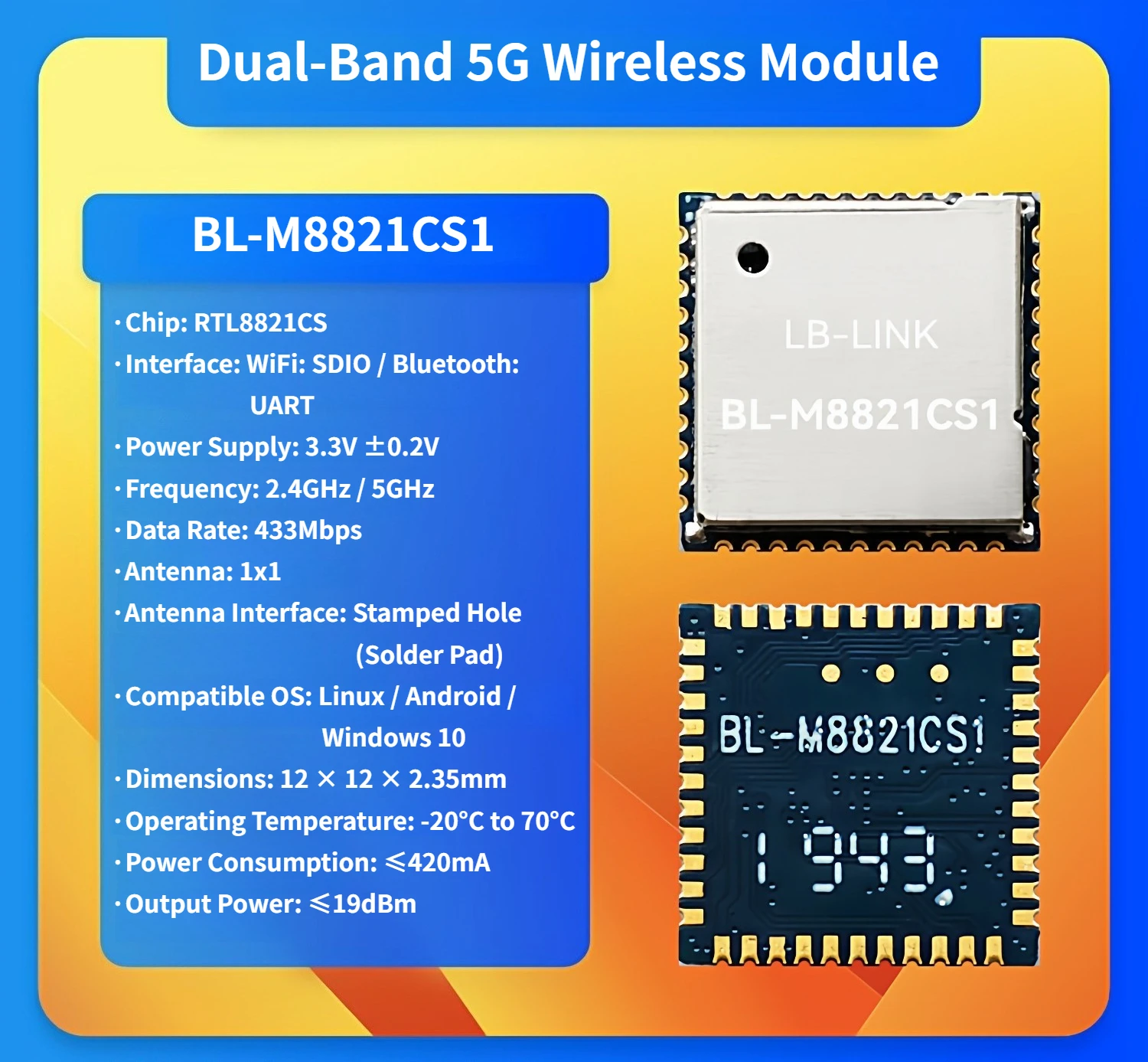 BL-M8821CS1 Dual Band 5G WiFi Bluetooth Module, RTL8821CS Chip, 802.11ac 433Mbps, for POS/Drone/Android Linux Windows