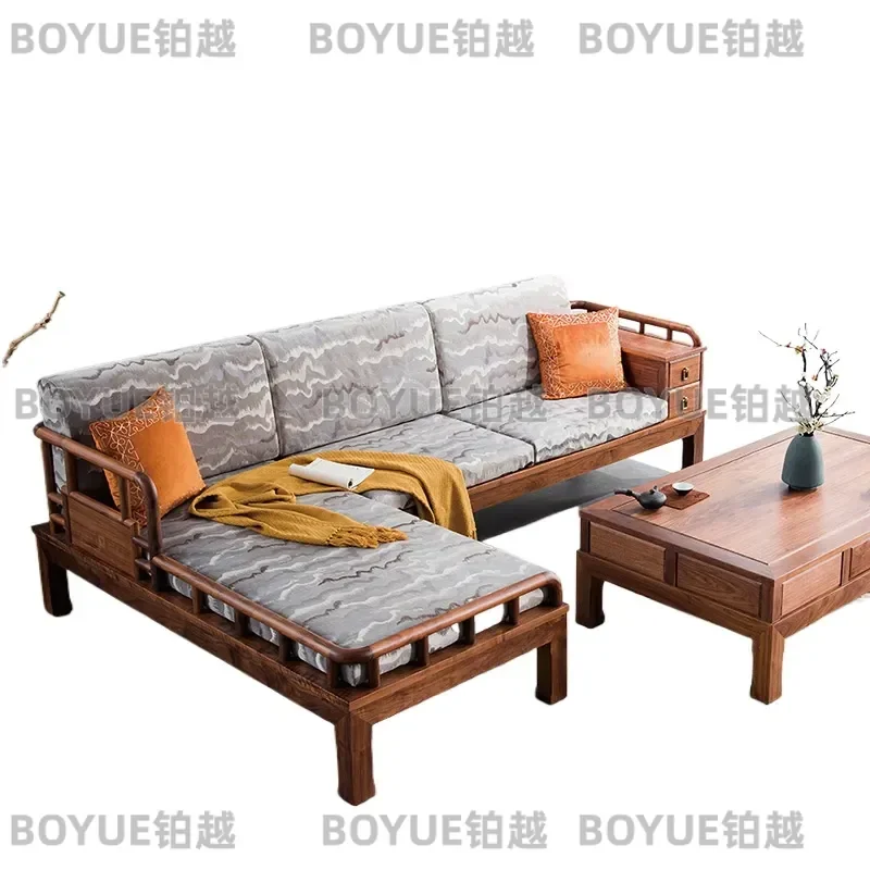 North American Black Walnut New Chinese Style Solid Wood Living Room Sofa Set Fabric Upholstered Princess Design Furniture