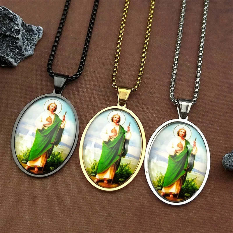 

San Judas Tadeo Glass Medal Pendant Necklace for Women Men Stainless Steel Gold Color Saints Apostle of Jesus Amulet Jewelry