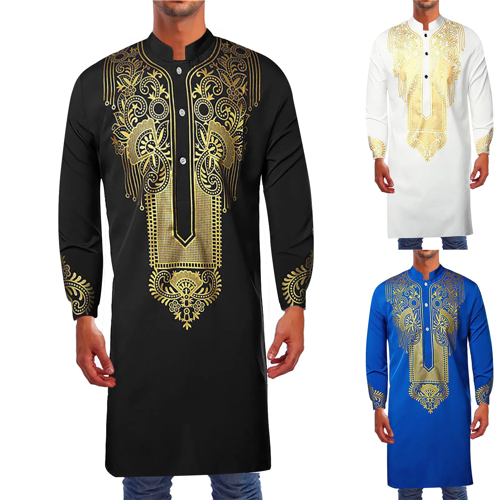 

Luxury Men Robe Long Sleeve Golden Printed Cuff and Stand Collar Casual Solid Color Ethnic Men Suit Muslin Mid-length Shirt Eid