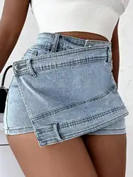 Women Fashion Denim Mini Skort Street Wrap Stretch Irregular A-Line Skinny Cargo Jean Shorts