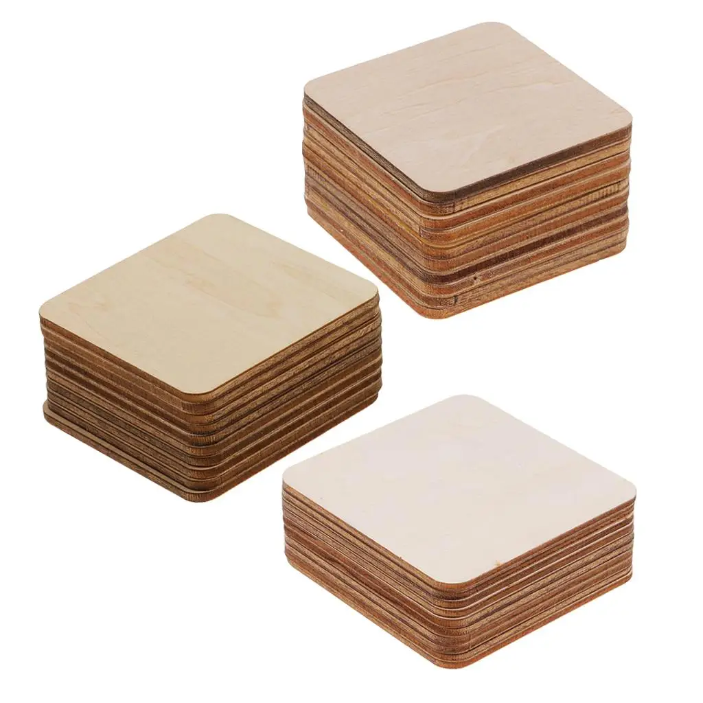 30 Pieces Square MDF Unfinished Wood Pieces Blank Plaques for DIY Craft 50x50mm, 60x60mm, 80x80mm