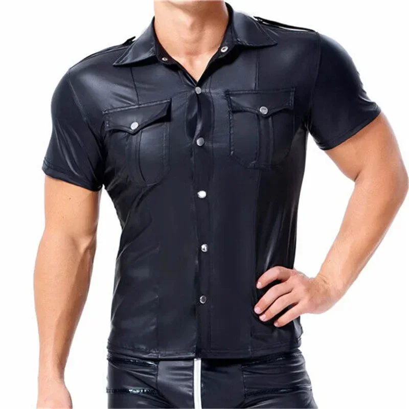 

Mens Faux Leather Shirts Short Sleeve Cool Button Up T Shirt Nightclub Stage Costumes Latex Tops Police Uniforms Dance Clubwear