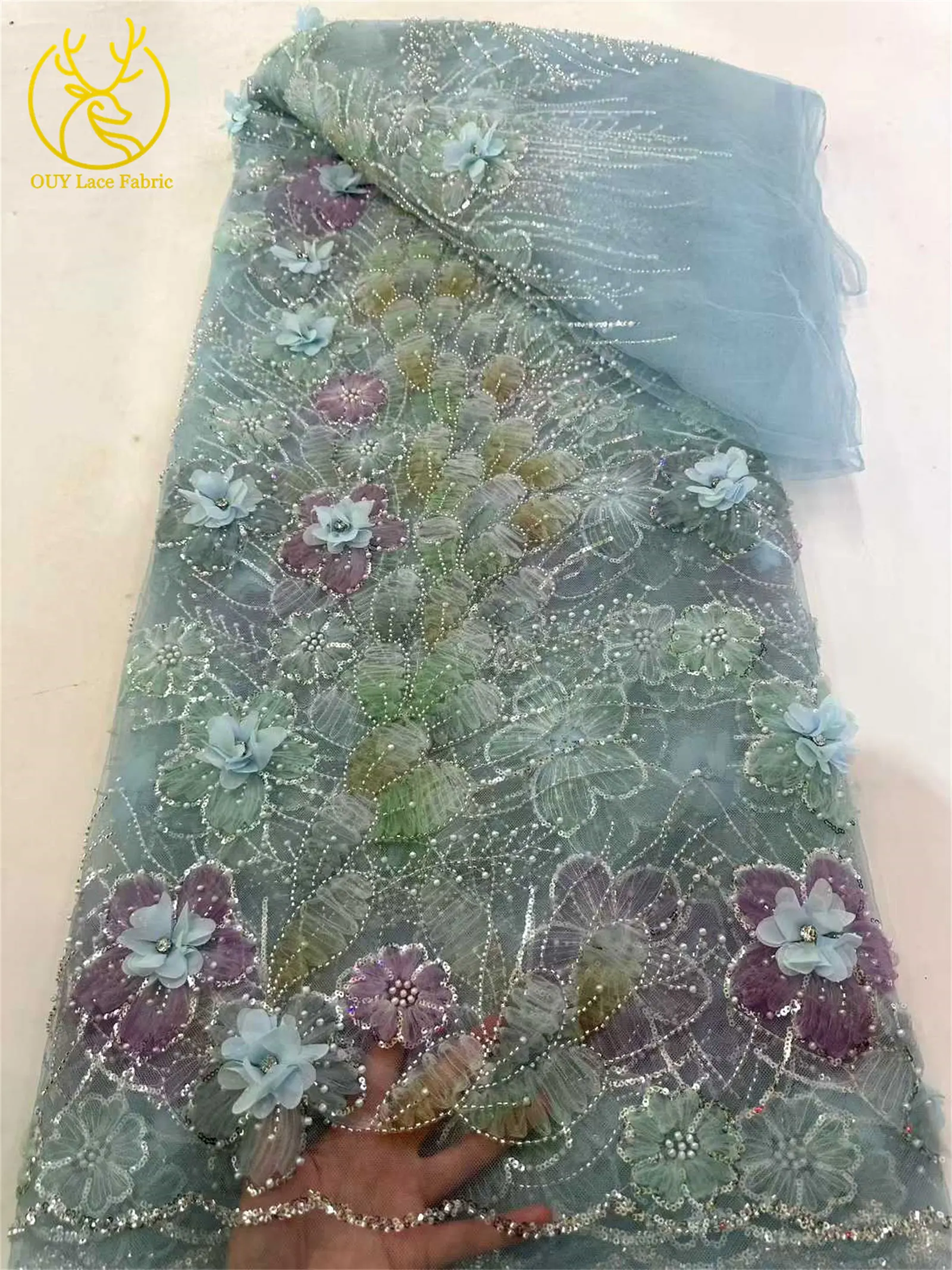 3D-Mesh-Blumen Silber Perlenbesetzter Hochzeitskleid-Spitzenstoff 2026 Afrikanische Französische Pailletten-Stickerei Tüll für Brautparty-Näharbeiten – Detail 15