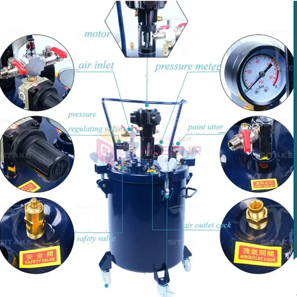 2.5Gal (10L) Pressure Feed Paint Mixer Tool Pot Tank Sprayer Regulator Air Agitator Paint Tool Pressure Mixing Drum Tool Blender