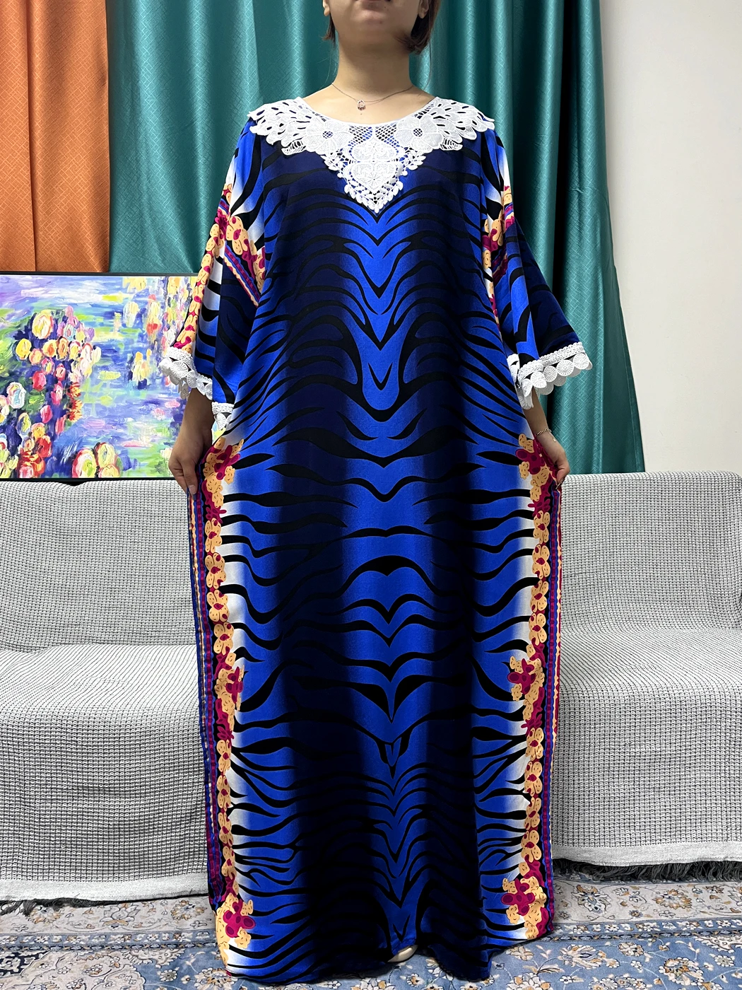 Imagem -04 - Abayas Muçulmanas para Mulheres Apliques Renda Algodão Mangas Compridas Robe Feminino Solto Africano Nigéria Vestidos de Noite com Lenço 200x100cm