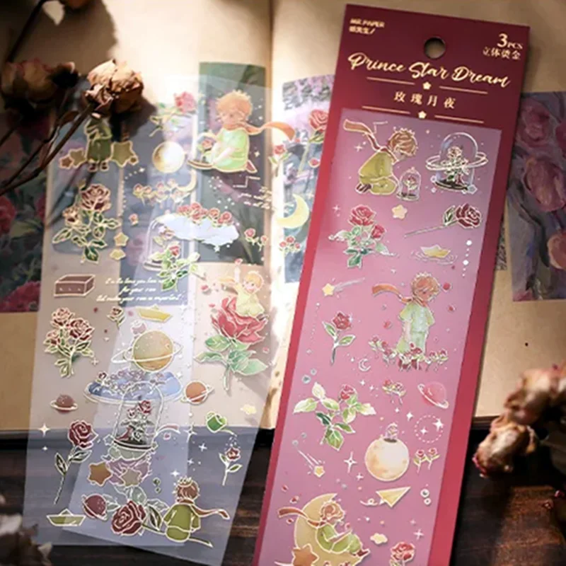 3 Sheet Foil 3D Rose Stickers Prince Kawaii Scrapbooking Collage Material Journal Cute Fox Planner Aesthetic Craft Stickers