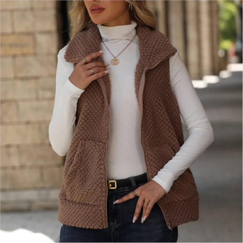 

Women's Autumn Winter New Cardigan Zipper Loose Pocket Jacket Double-sided Plush Vest Casual Lapel Jacket Vest Жилетка Женская