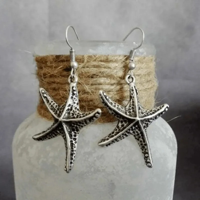 Ethnic Style Boho Silver Color Earrings for Women Starfish Metal Inlaid Dangle Earrings Jewelry Gift