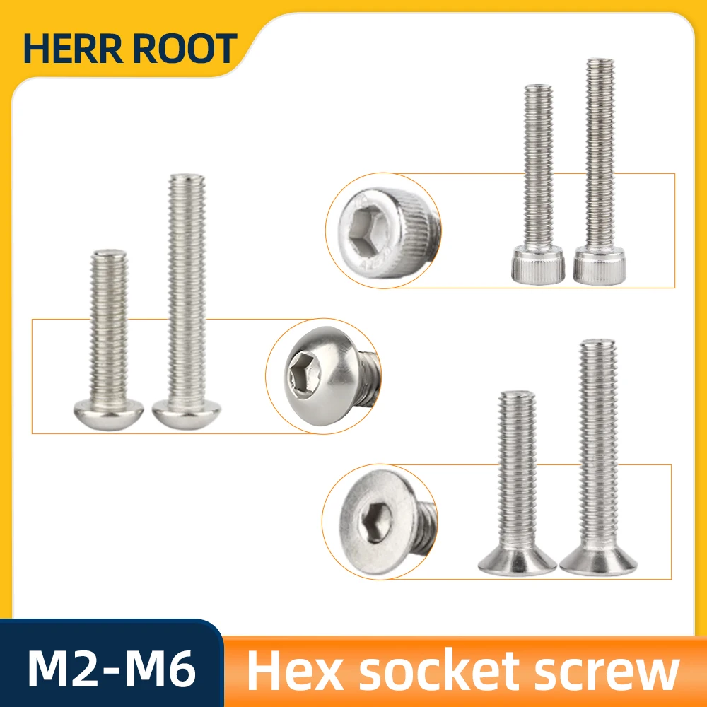 M2 M2.5 M3 M4 M5 M6 304 Stainless Steel Hex Socket Screws Hexagonal A2 Allen Bolts DIN912 DIN7991 ISO7380 Metric Thread Screw