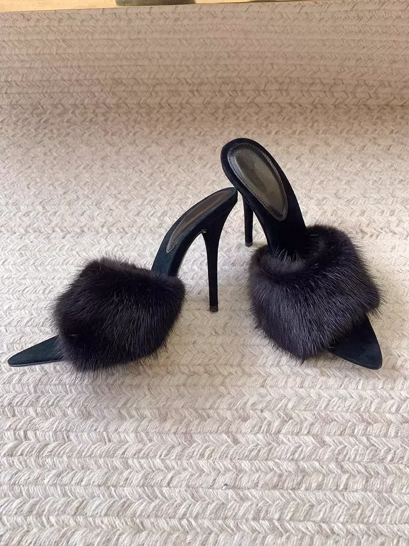 Genuine leather fur, mink fur, high set thin heels, exposed toe sandals women\'s sexy one and a half drag fur, high heels sandals