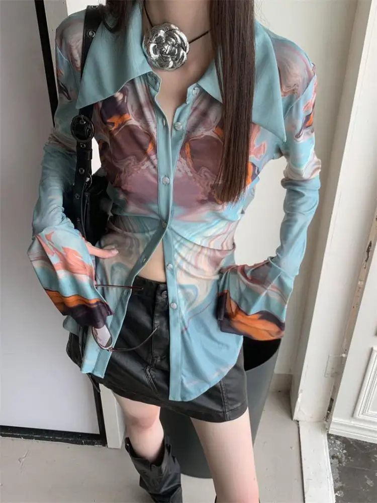 Yedinas Streetwear Patchwork Blouse Women Long Sleeve Mesh Tops See Through Chic 2023 Autumn Slim Unique Y2k Ladies Shirts