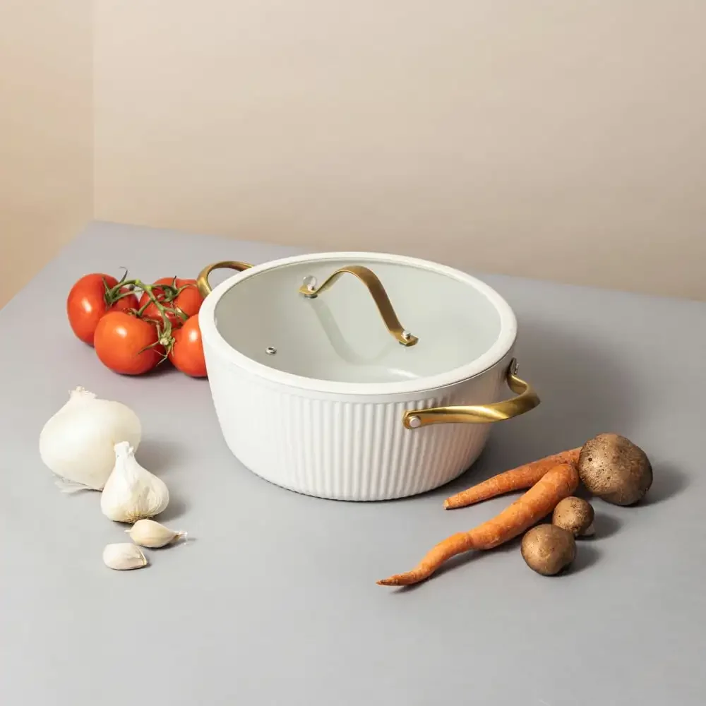 

5.5QT Non-Stick Ribbed Dutch Oven, White & Gold, Oven & Stovetop Safe, For Baking, Braising, Stewing, Even Heat, Easy Clean