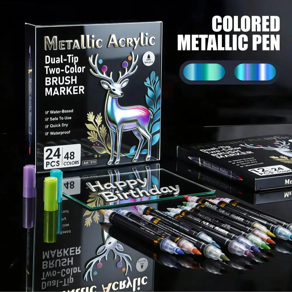 

12/24/48 Colors Metallic Acrylic Markers Dual Tip - For Black Cardstock Coloring, Graffiti, Gift Stationery & Art Projects