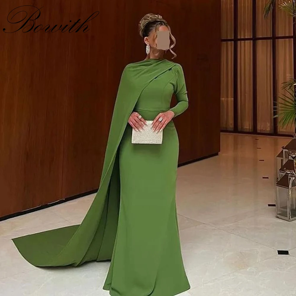 

Bowith Sage Modest Evening Dresses Women O-Neck Long Sleeves Prom Dresses Customized Party Dresses vestido de gala noche mujer