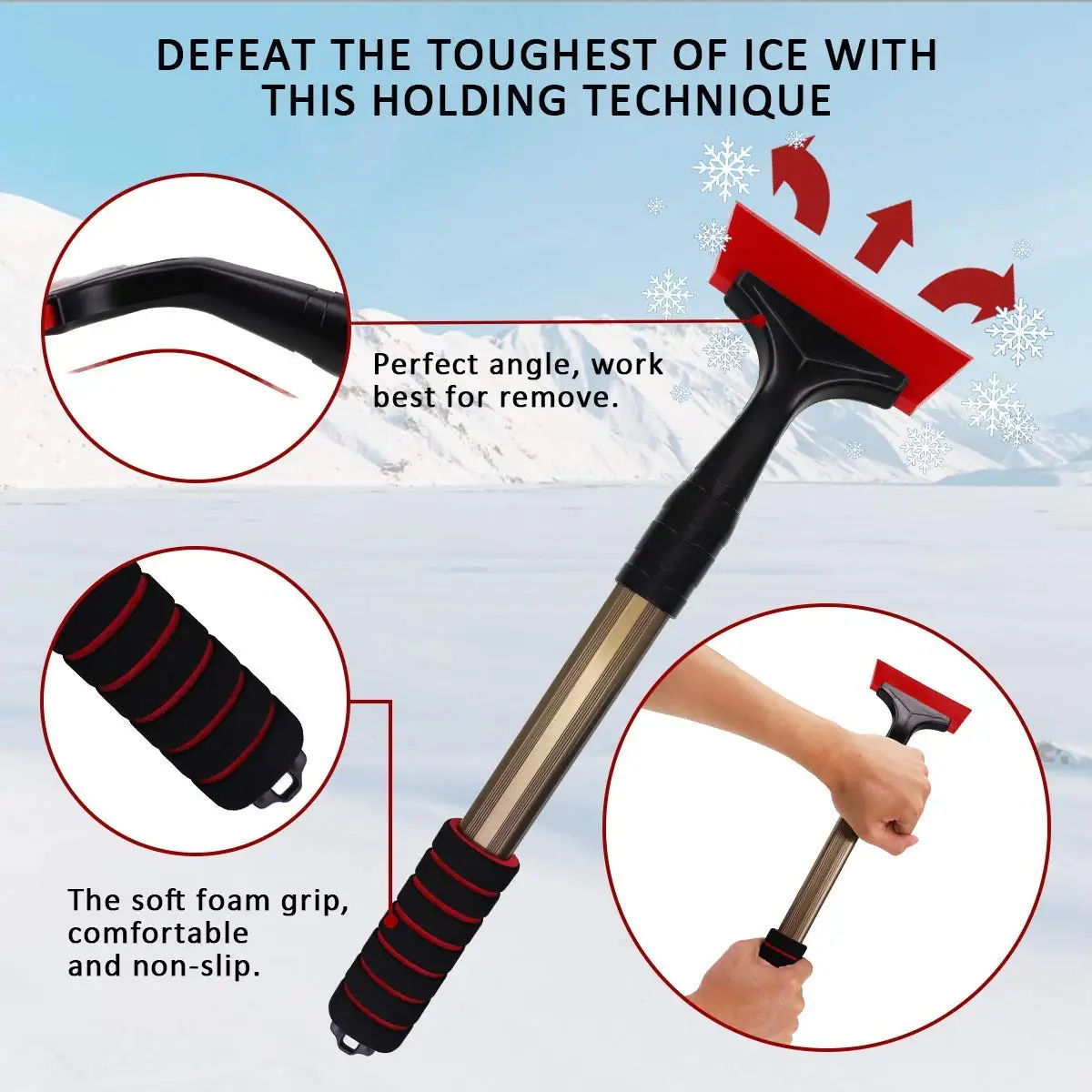 Car Ice Snow Scraper Rubber Blade Scratch-Free Freeze Resistant, Long Handle Vehicle Windshield Frost Snow Ice Removal