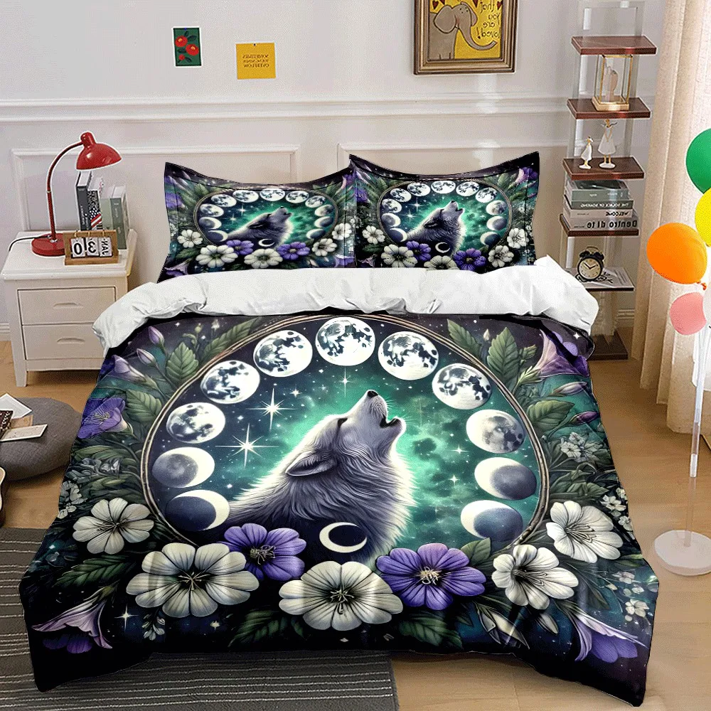 Moonlit Wolf Spiritual Decor Set Exquisite three-piece bedding set gift for kids and adults