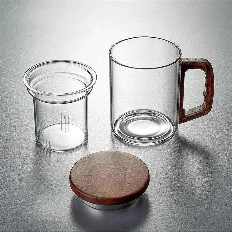 400ml Walnut Wooden Handle Glass Tea Cup With Tea Infuser Filter Flower Tea Water Separation Scented Tea Mug Drinkware