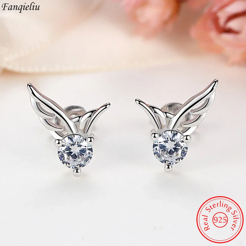 

Real 925 Sterling Silver New High Quality Jewelry Crystal Angel Wings Stud Earrings For Women FQL23667