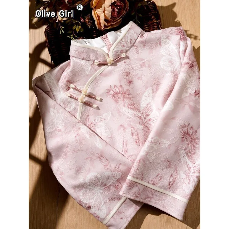 

Olivegirl Qipao Китайское платье Cheongsam Розовое весеннее платье с бабочкой и перевернутыми большими рукавами Молодежное повседневное улучшение в стиле ретро