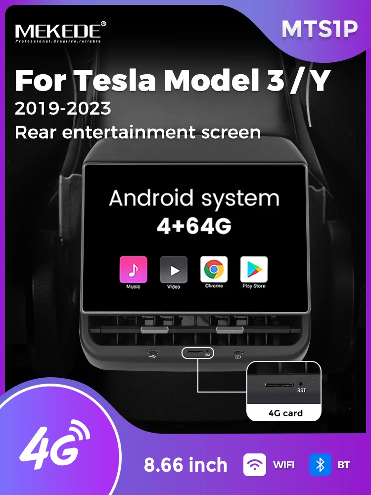MEKEDE EU Store 8,66 Zoll Heck-Entertainment-Bildschirm für Tesla Model 3 Y 2019-2023 Android Auto-Multimedia-Player 4+64G 4G LTE WiFi BT Touchscreen Rücksitzmonitor Video- und Musikplayer EU-Lager
