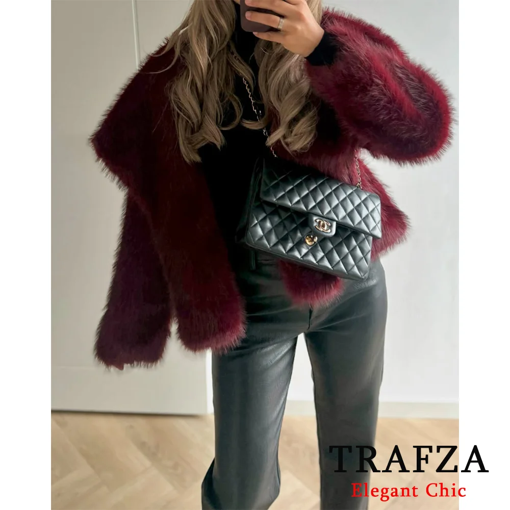 TRAFZA-Women Winter Ancora Red Solid Faux Fur Coat Jacket Big Lapel Coat New 2024 Autumn Winter Fashion Slouchy Burgundy Coat